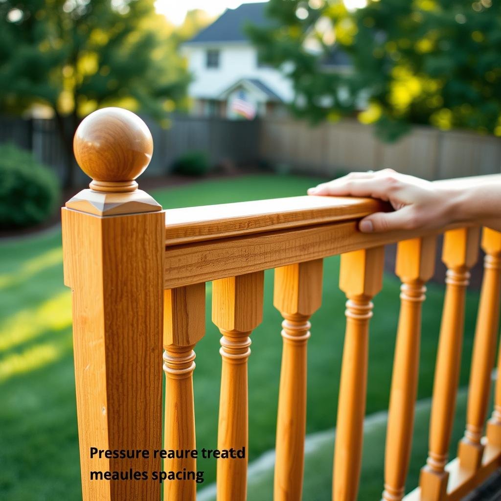 Code-compliant 36-inch wood deck railing with proper baluster spacing on a south Charlotte residential deck, ready for inspection.