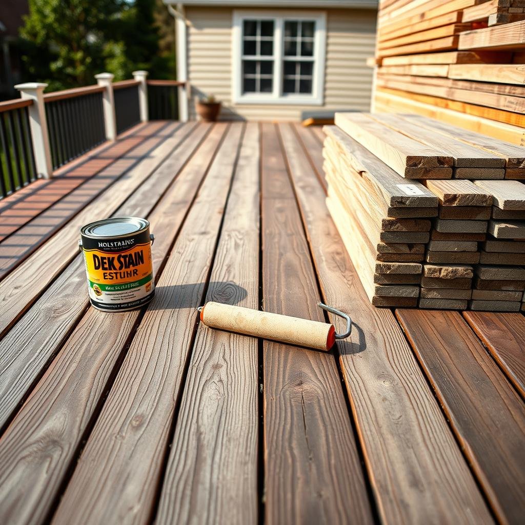 Pressure-treated deck being restained with a roller in a south Charlotte backyard, showing the difference between freshly stained and weathered boards.