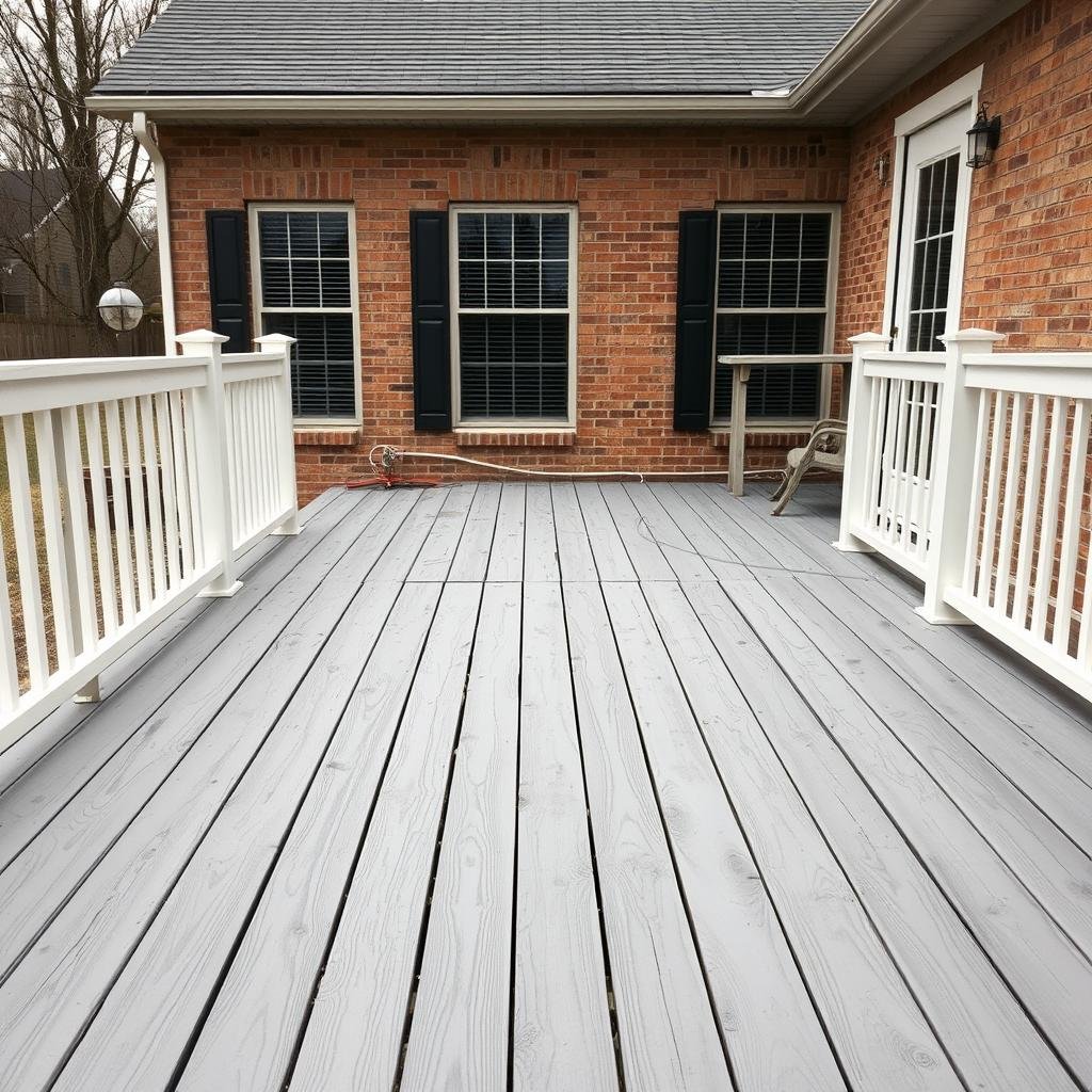 Weathered grey pressure-treated deck in Fort Mill SC before staining and sealing.
