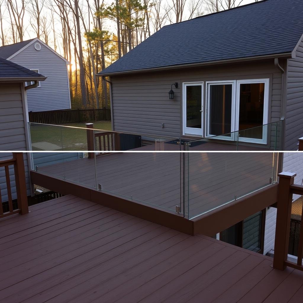 Same composite deck in Tega Cay SC with frameless tempered glass railings and unobstructed view.