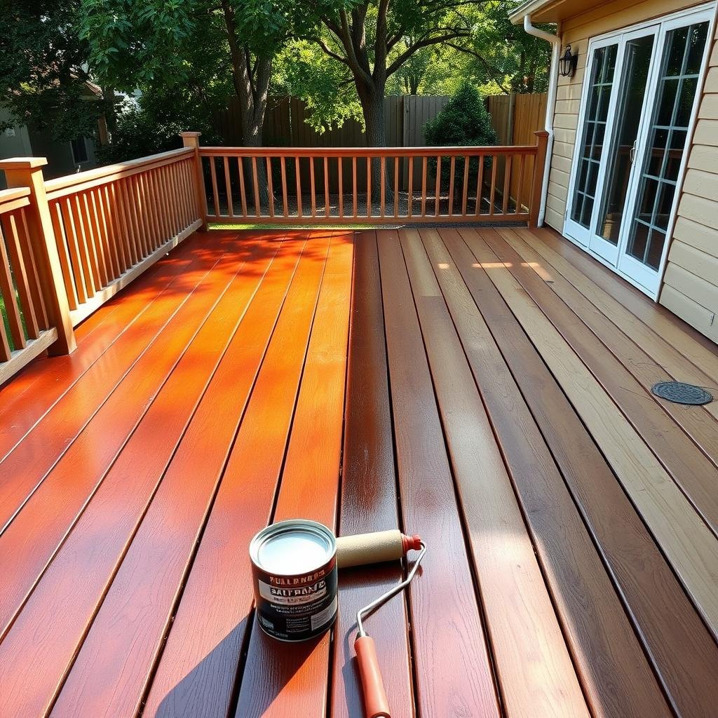 Deck staining in progress showing a freshly stained half and a bare weathered half on a Charlotte deck